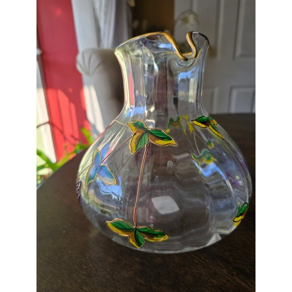 Hand-Painted Glass Pitcher With Grapes & Leaves Design made in Romania